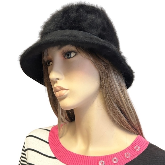 Kangol Fuzzy Angora Hat  Wool Soft Furry Luxe Bucket Cloche Trilby Black Vintage - Picture 4 of 11